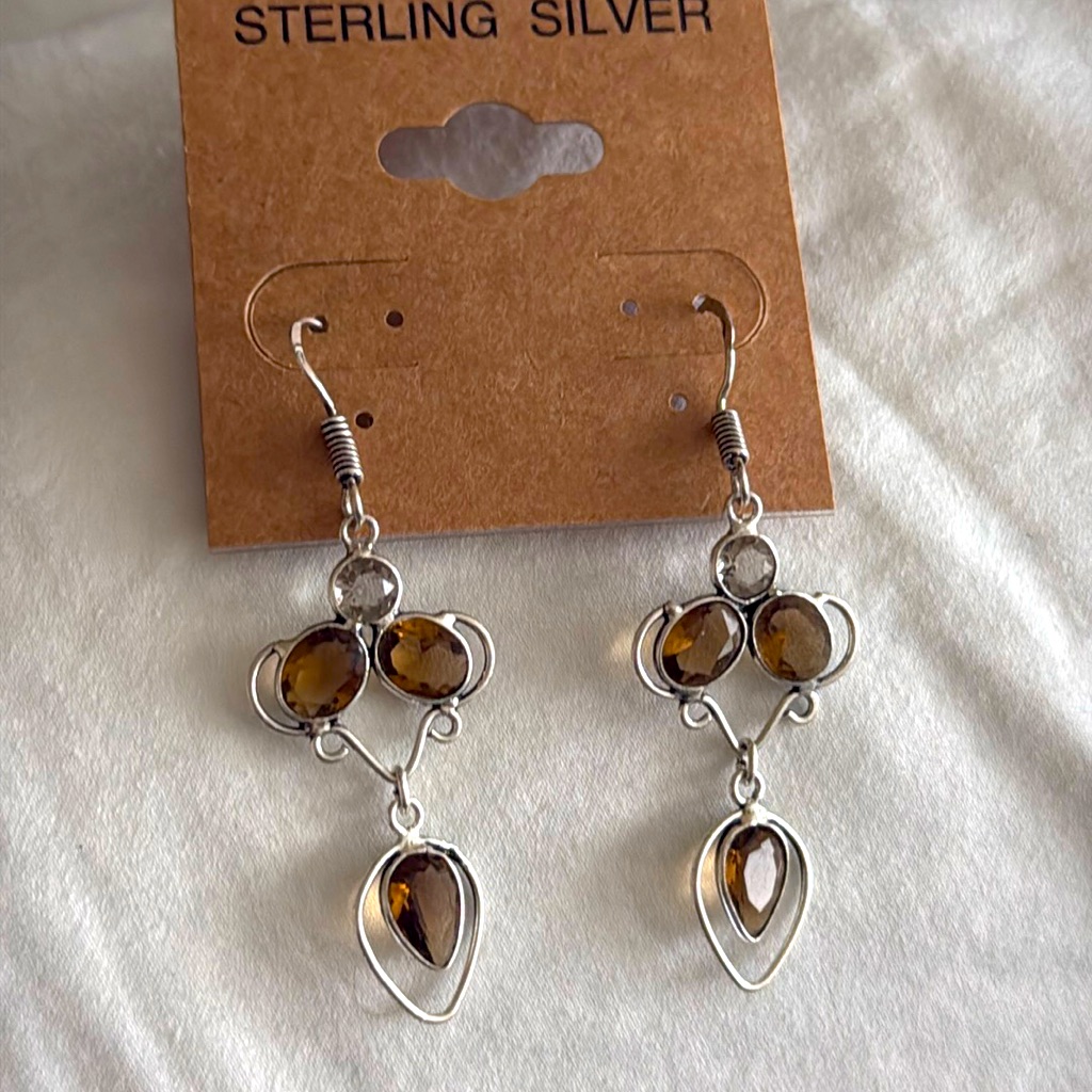 Pierced Earrings Smoky Topaz Semi Precious Sterling Silver Nwt Great Gift